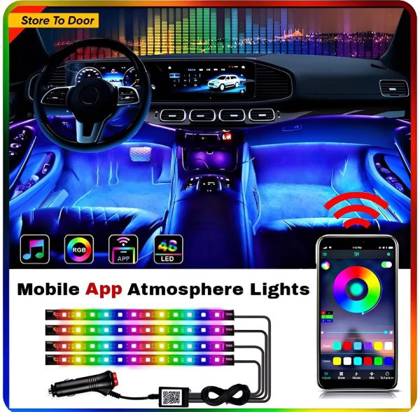 RGB LED Car & Motorcycle Interior Strip Lights – 48 LED 5050 SMD Bluetooth Ambient Lighting Kit (12W)