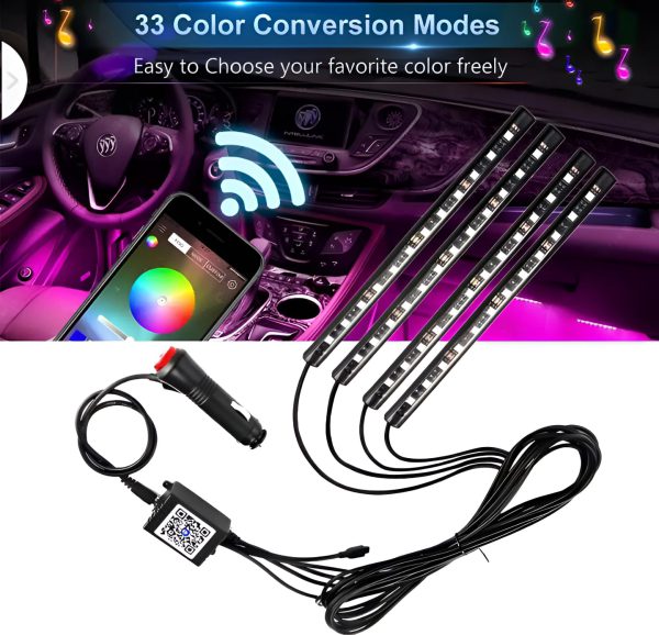 RGB LED Car & Motorcycle Interior Strip Lights – 48 LED 5050 SMD Bluetooth Ambient Lighting Kit (12W)