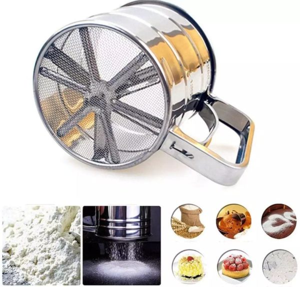 Stainless Steel Flour Sifter – Double Layer Fine Mesh Baking Sieve with One-Hand Press Crank for Sugar & Cake Powder