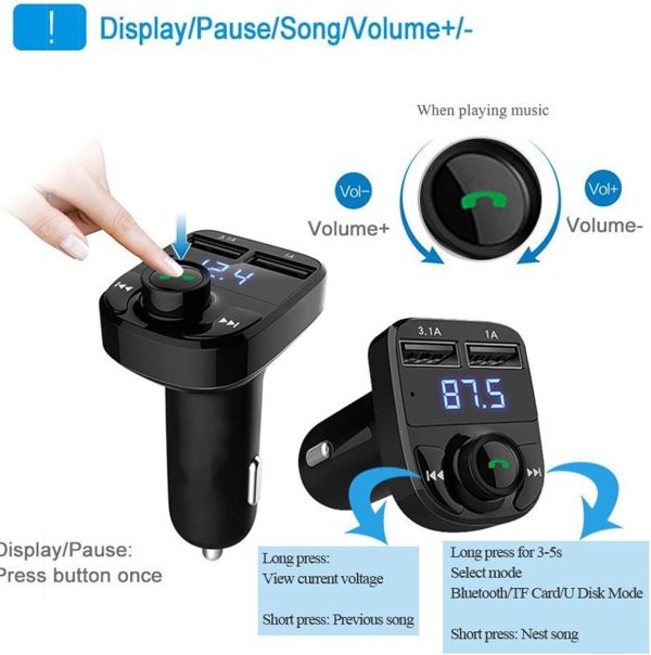 X8 Multifunctional Car MP3 Player – Wireless FM Transmitter & Modulator with 3.1A USB Charger